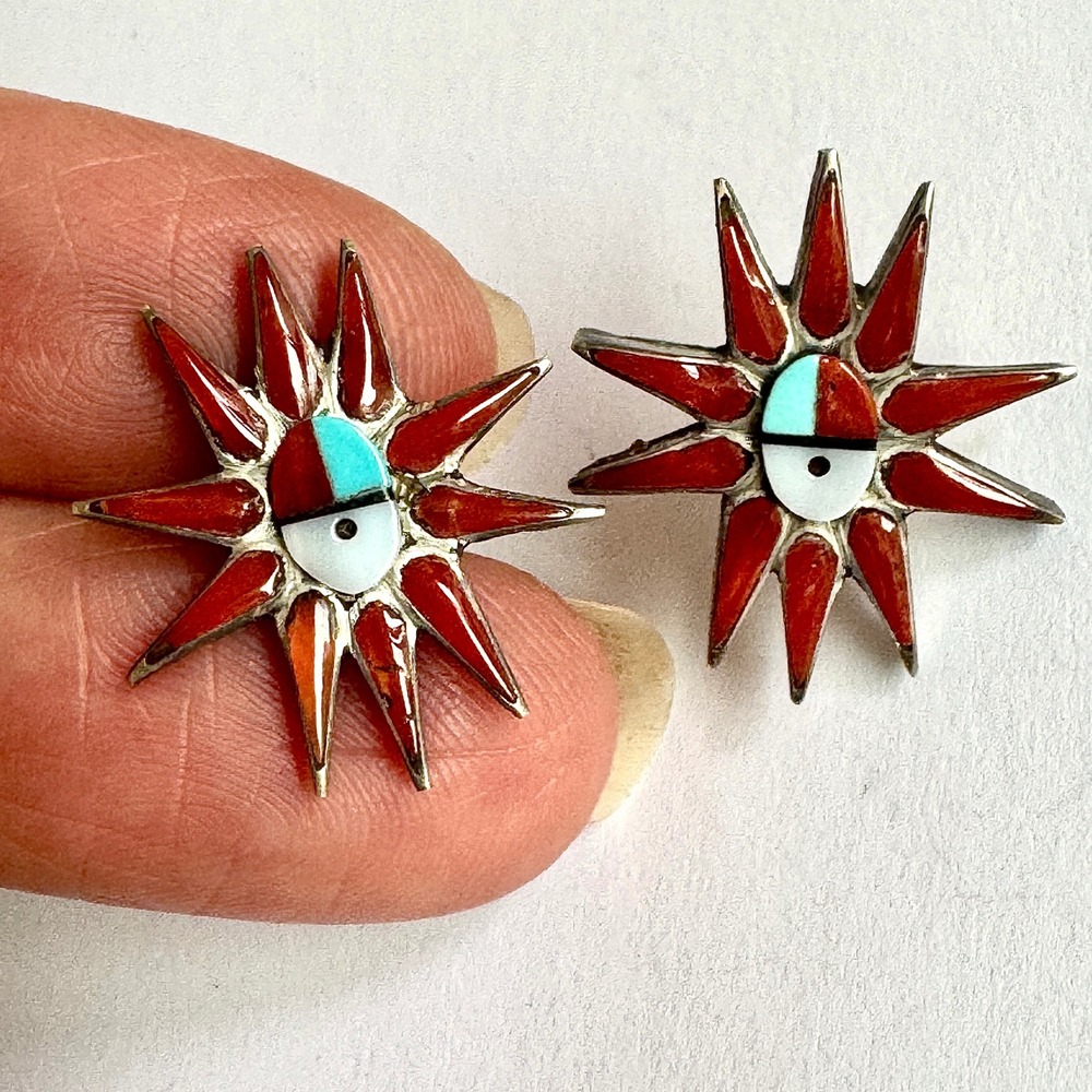 Zuni Starburst Earrings Turquoise Red Coral Sterling MCM Native American